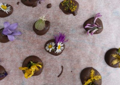 Wildblumenconfiserie: farbige, essbare Wildblumen auf Schokolade.