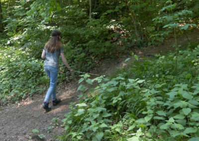 Auf der Suche nach dem richtigen Weg: Ein 13-jähriges Mädchen mit Augenbinde und Blindenstock läuft sicheren Schrittes alleine einen schmalen Waldweg entlang.